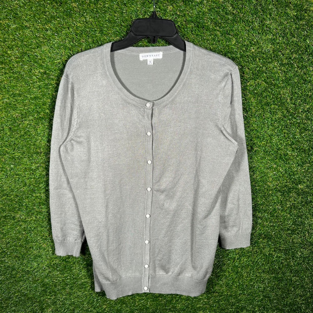 Downeast Gray Button Front Cardigan Sweater Womens Large 3/4 Sleeve Crew Neck